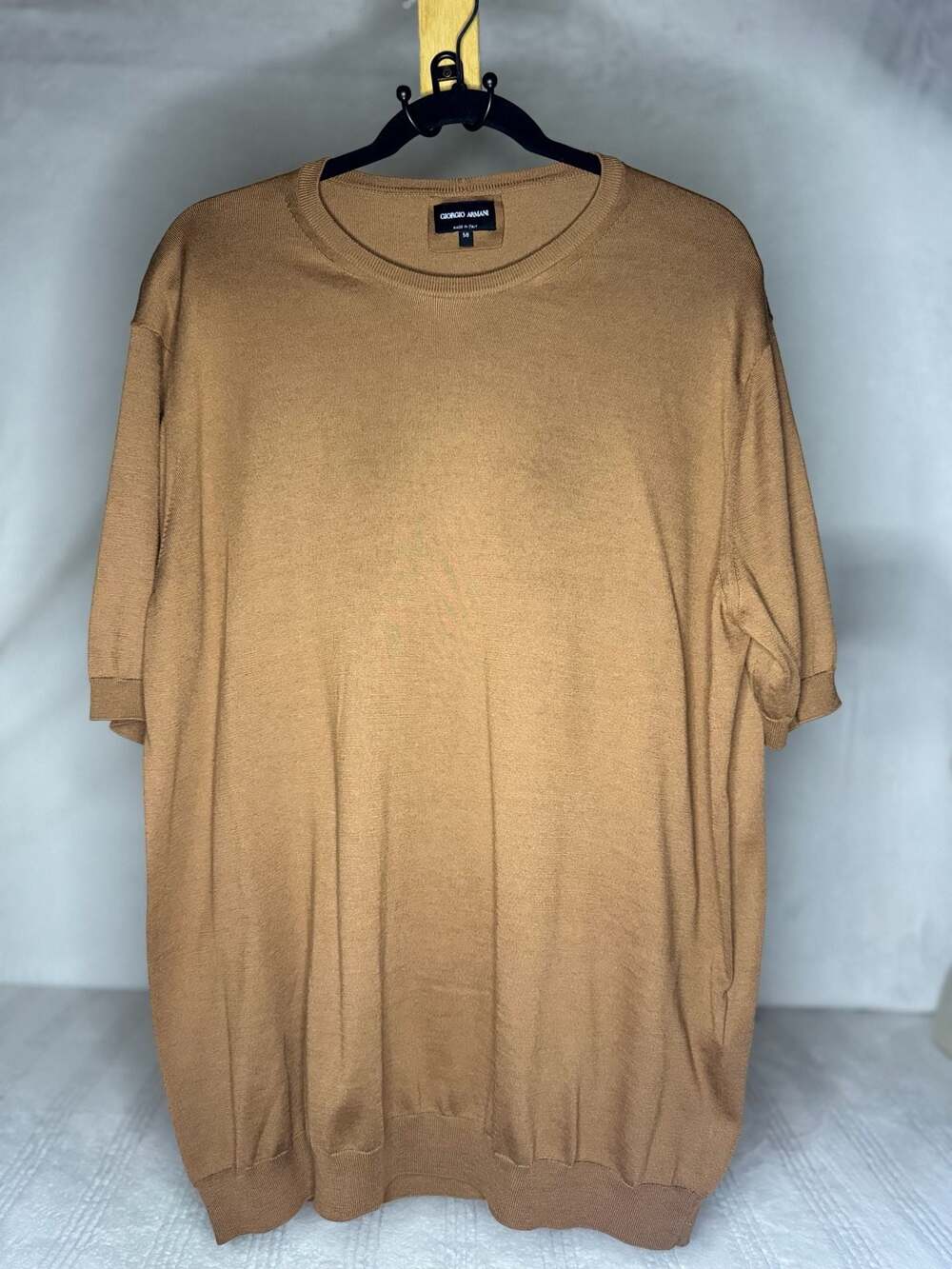 Giorgio Armani Short-Sleeve Silk and Cotton Knitted T-Shirt Sweater in Tan